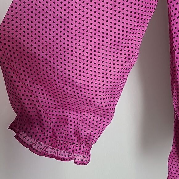 LOFT Pink & Black Polka-dot Sheer Blouse, Ruffled Hemline & Collar, Size Medium - Picture 6 of 11